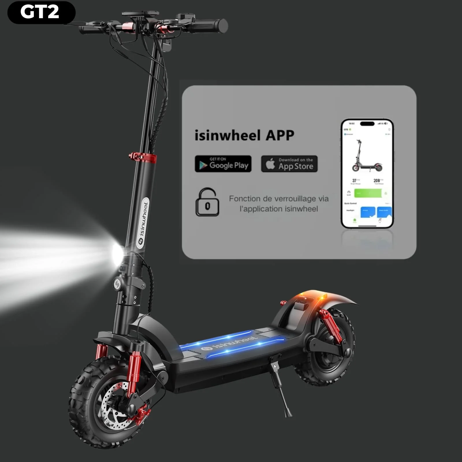isinwheel® GT2/GT1 Trottinette électrique tout terrain 1200W pour adultes et adolescents - Image 9