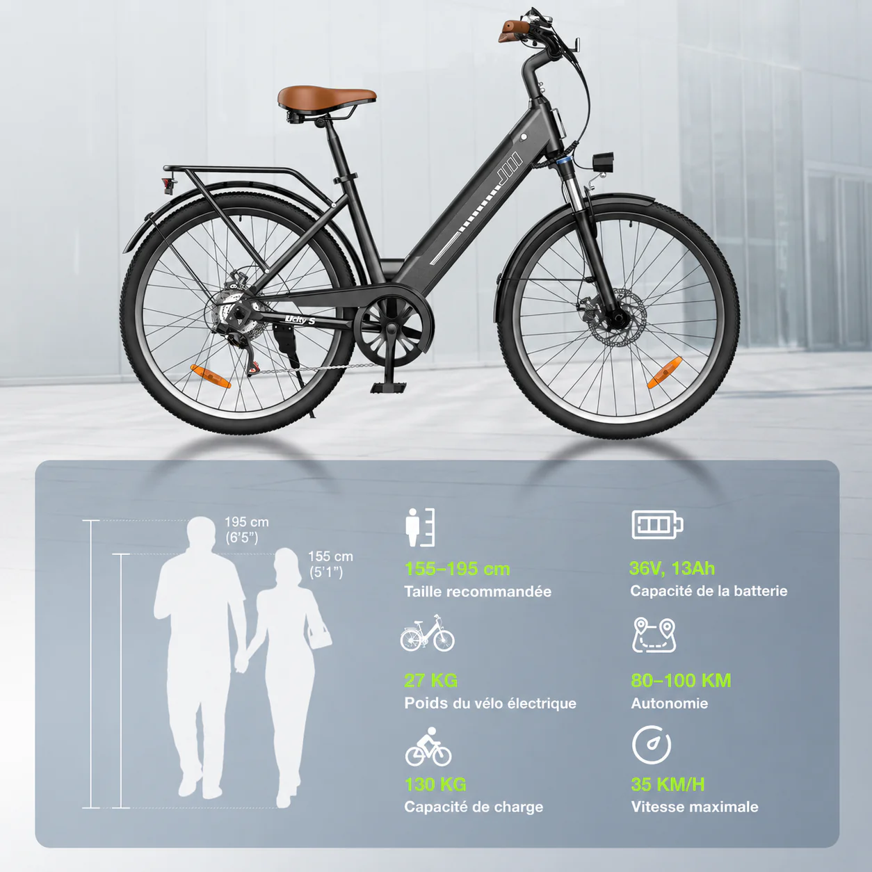isinwheel UCityS Vélo électrique à cadre bas, batterie amovible, 88 km d’autonomie - Image 8